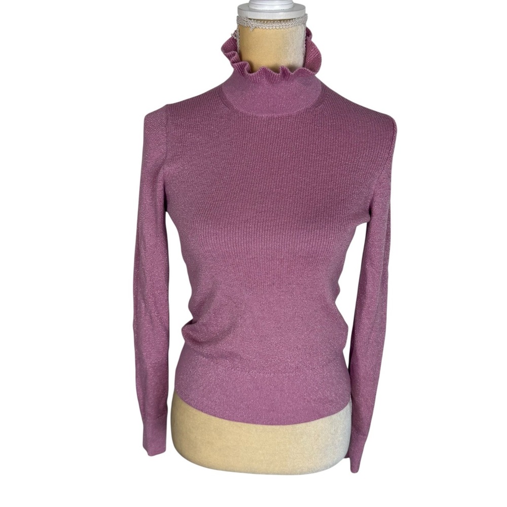 J.Crew Pink Metallic Ruffle Mock Neck Ribbed Sweater Merino Wool Size‎ Small